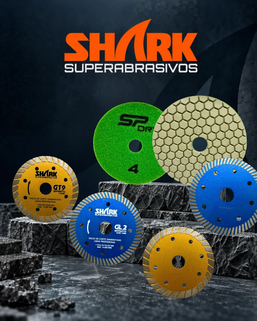 Lixa SP Dry e discos para serra mármore GT9 e GL2 da Shark Superabrasivos